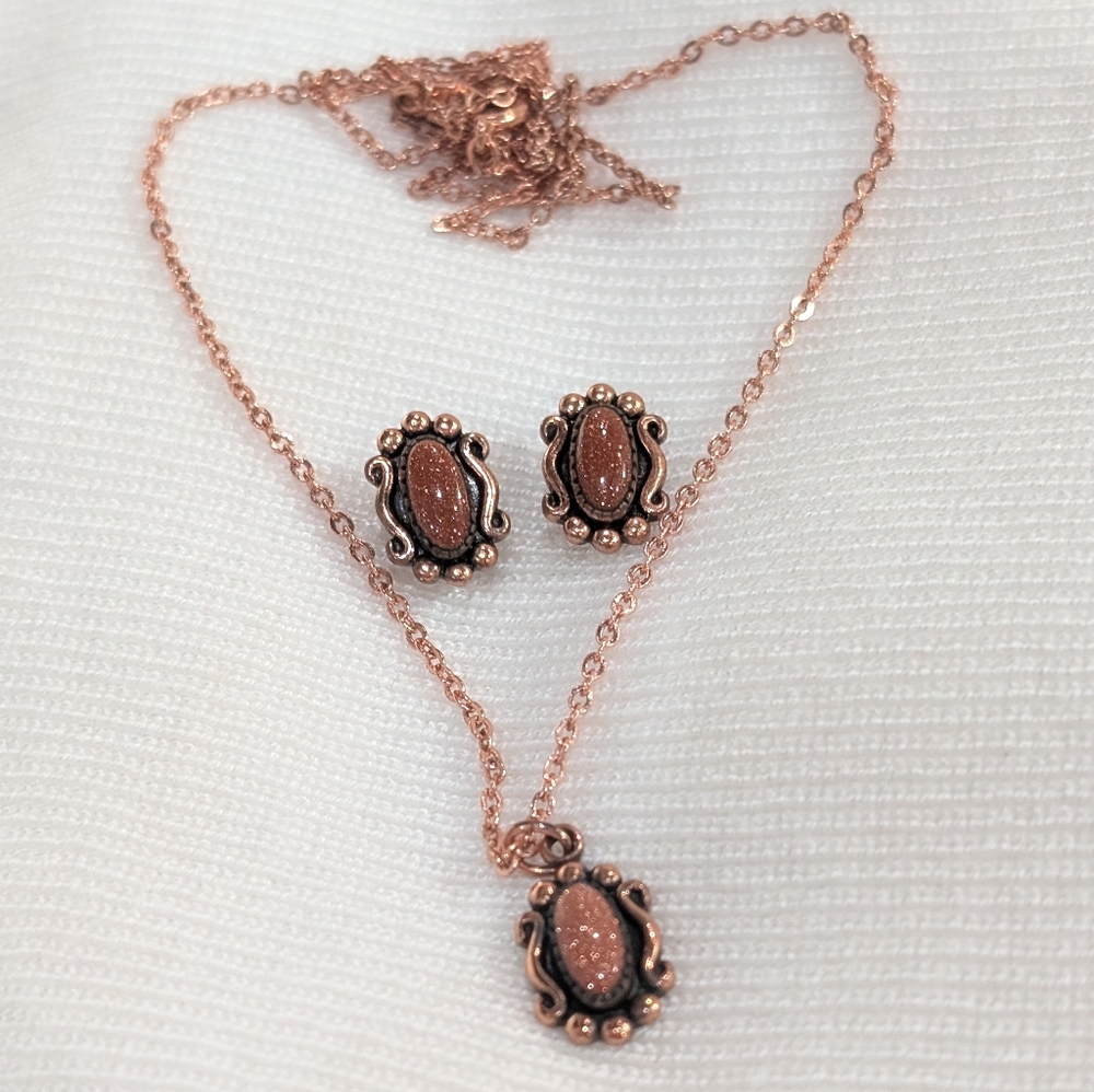 Vintage Copper Goldstone Necklace And Earrings Set